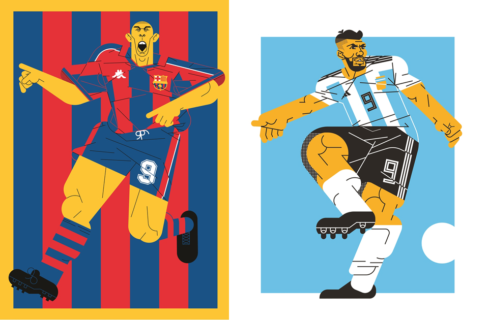 (좌)다니엘 나리, Ronaldo 9 Barcelona, Digital illustration, 70x50cm, 2018, (우)다니엘 나리, Sergio Aguero Argentina, Digital illustraion, 70x50cm, 2018