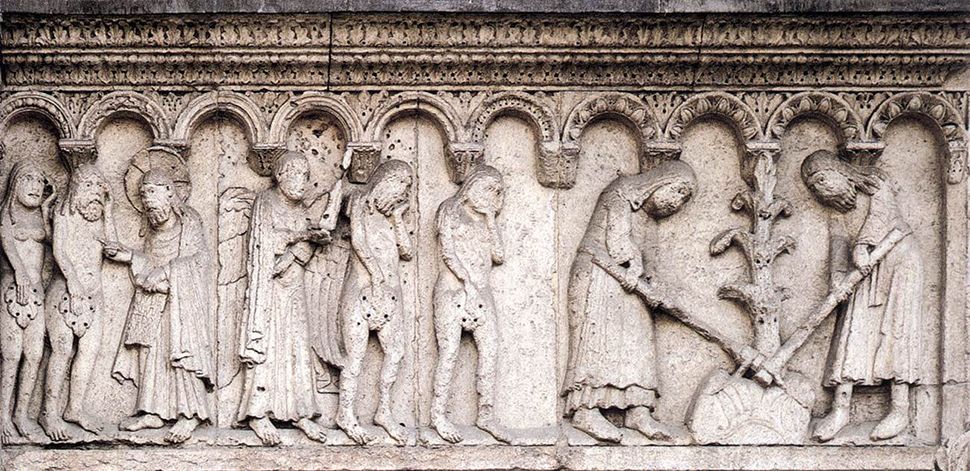 이탈리아 모데나 성당(Duomo di Modena) 대리석 부조 조각에 나타난 일하는 아담과 이브의 모습. 1100년 경 제작. 높이: 100 cm. 힘든 농사일을 하지 않고도 필요한 모든 것을 얻을 수 있는 천국에서 살던 아담과 이브는 금단의 열매 사과를 따먹은 죄로 천국에서 쫓겨나 평생 열심히 일을 해야만 살아갈 수 있는 벌을 받았다고 성경 창세기는 묘사한다.