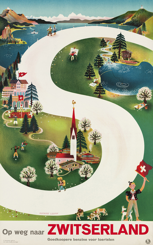 Herbert Leupin, Op weg naar Zwitserland - goedkoopere benzine voor toeristen, poster, 1939, Museum fuer Gestaltung, Poster Collection, 
ⓒ Thomas Leupin, Basel and Charles Leupin Design GmbH, Nussbaumen 