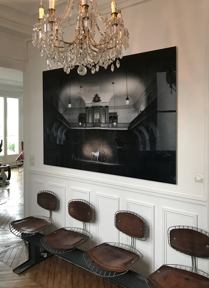 거실에 디스플레이된 스칸디나비아 왕실 마구간에서 촬영된 얀 아르튀스 베르트랑의 사진