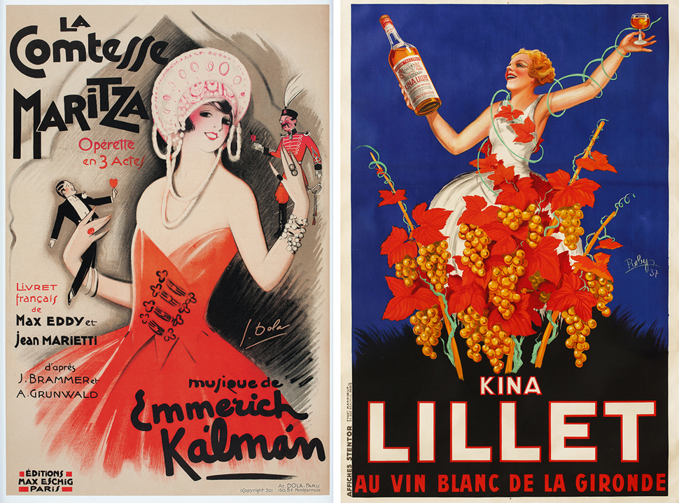 (좌) 로비 월프 〈Kina Lillet〉,1937 (우) 돌라 〈La Comtesse Martiza〉, 1930
19~20세기 포스터는 당시 소비문화를 알려주는 좋은 자료다. 포스터에 등장하는 아름다운 여성과 화려한 색채, 풍부한 표현은 대중들의 소비 심리를 자극했다. (이미지 제공: MOVA)