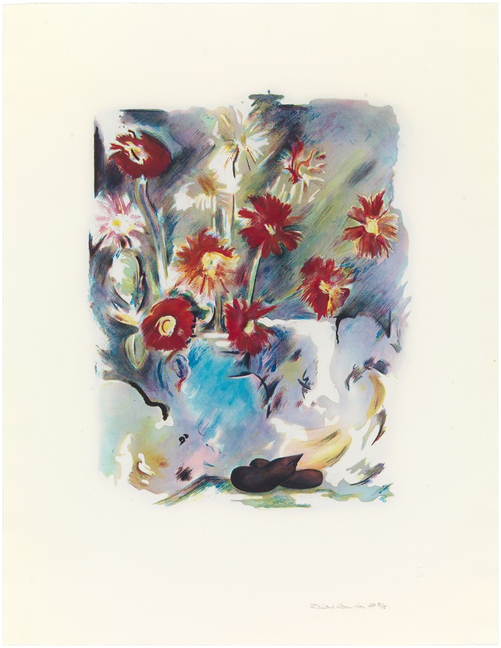 Trichromatic flower-piece, 1973-74, Colour aquatint in 3 colours and black from 4 plates, 42.4 x 33 cm (plate) / 65.2 x 50.5 (sheet), Hamilton Estate

꽃 그림(Flower-Pieces)
리처드 해밀턴은 세잔이나 피카소 같은 위대한 예술가들의 미학적 전통의 맥락 아래서 작업을 지속하면서 끊임없이 광고와 디자인을 적극적으로 작업에 수용했고 한편으로는 뒤샹을 필두로 하는 회화 사조에 대항적인 태도를 취했다. 
회화에서 전통적 소재로 등장하는 꽃을 예로 들어 “꽃의 매력은 우리가 사는 시대의 문화적 개념이라는 문맥에서 벗어난 시대착오적인 것이다. 그것을 웬만큼 괜찮게 만들기 위해서는 풍자와 함축, 그리고 일말의 아이러니가 필요하다.”라고 말한 그는 꽃에 대한 감상적인 클리셰를 깨고 오랜 기간에 걸쳐 계승된 곤충, 게, 해골 등의 특정 모티프를 꽃과 함께 오른쪽 아래에 배치하는 ‘메멘토 모리(memento mori)’의 관습을 비트는 작업을 시도했다(메멘토 모리(memento mori)는 죽음의 상징 즉, 죽음을 상기 또는 경고하는 사물이나 상징이다). 꽃 연작 중 일부 작품에는 관행적으로 과일이 배치되던 자리에 화장실 휴지를 덧붙이거나, 즉흥적으로 물감을 칠하거나 연관성이 없는 대변을 그리기도 했다. 〈꽃 그림(Flower pieces)〉작업들은 스페인 바르셀로나에서 우연히 발견한 싸구려 입체 꽃 엽서로부터 시작됐다.
