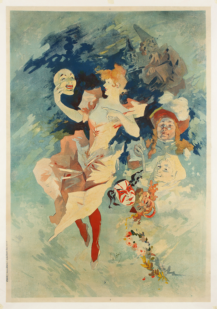 쥘 세레 〈La comedie〉, 1891
4개의 패널이 나오는 ‘무언극’ 시리즈 포스터 중 하나로 공연 내용을 함축하는 다양한 가면이 등장한다. (이미지 제공: MOVA)