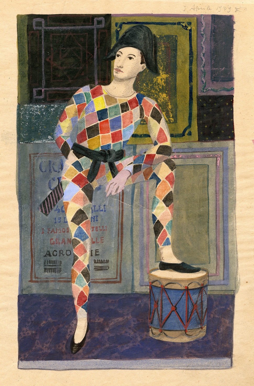 Fornasetti tempera on paper “Arlecchino”. Cm 30x39h. 1939.