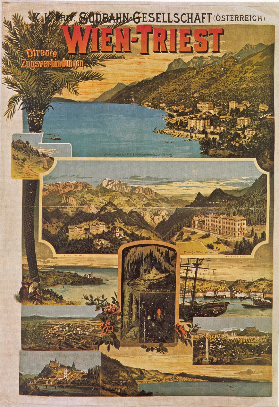 비엔나-트리에스테 두 도시를 연결하는 오스트리아의 남부철도선 홍보 포스터. 스위스의 오렐 휘슬리(Orell Füssli)가 1989년 그려서 리토그라피로 복사, 배포되었다. 112,5x80 cm. Wienbibliothek. 이 철도선을 이용하면 알프스 끝자락 휴양지인 제머링, 오스트리아 제2도시인 그라츠, 슬로바니아의 루블리아나, 이탈리아의 해안도시 미라마레와 항구 도시 트리에스테에 도착한다.