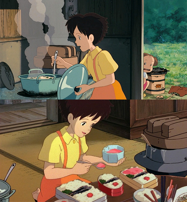 〈이웃집 토토로〉는 신선한 채소와 집밥을 볼 수 있는 만화다. 사츠키는 따뜻하고 아늑한 주방에서 엄마와 아빠, 메이가 먹을 맛있는 음식을 만든다.