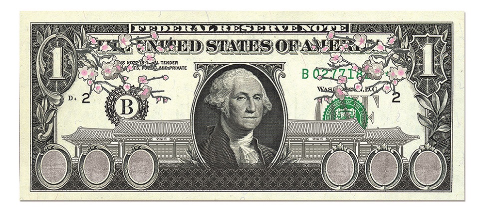 최세진, Won-Dollar, 81x61cm (3x8=24 pics), 미화 1달러 지폐 위에 리소그래피, 실크스크린, 아크릴릭, 2014
