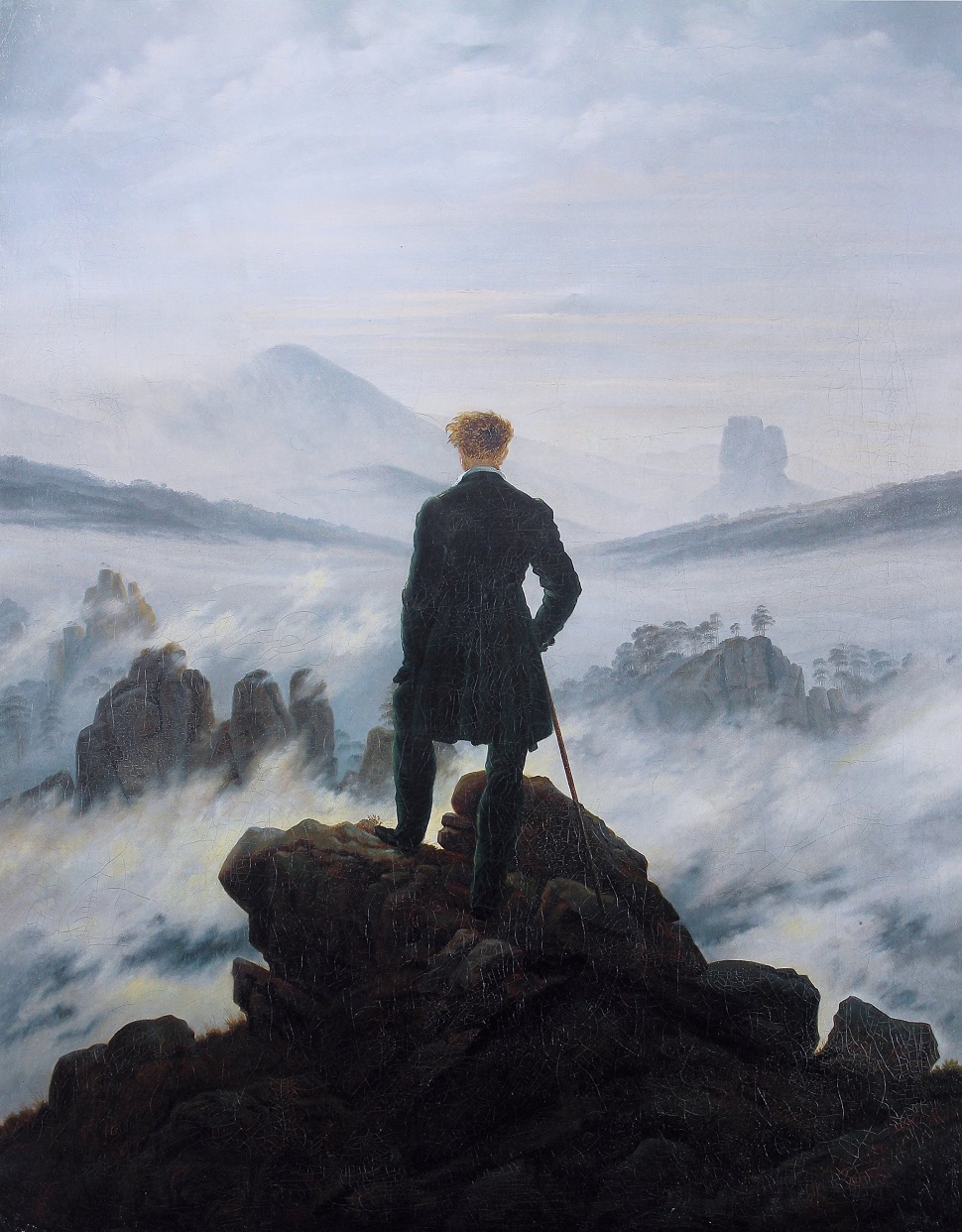 독일 낭만주의 풍경화가 카스파르 다비드 프리드리히(Caspar David Friedrich)가 그린 <안개의 바다를 내려다 보고 있는 방랑자(Wanderer above the Sea of Fog)> 1818년 작. 94.8 × 74.8 cm. Kunsthalle Hamburg