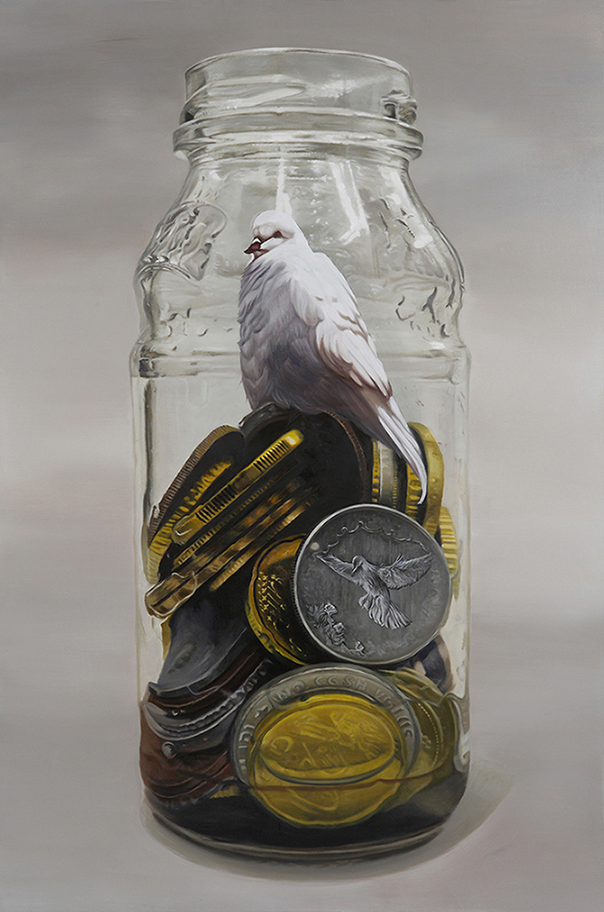 노재림, Coins in the bottle 2-이데아.비둘기2, 160x106.7cm, Oil on canvas, 2015
