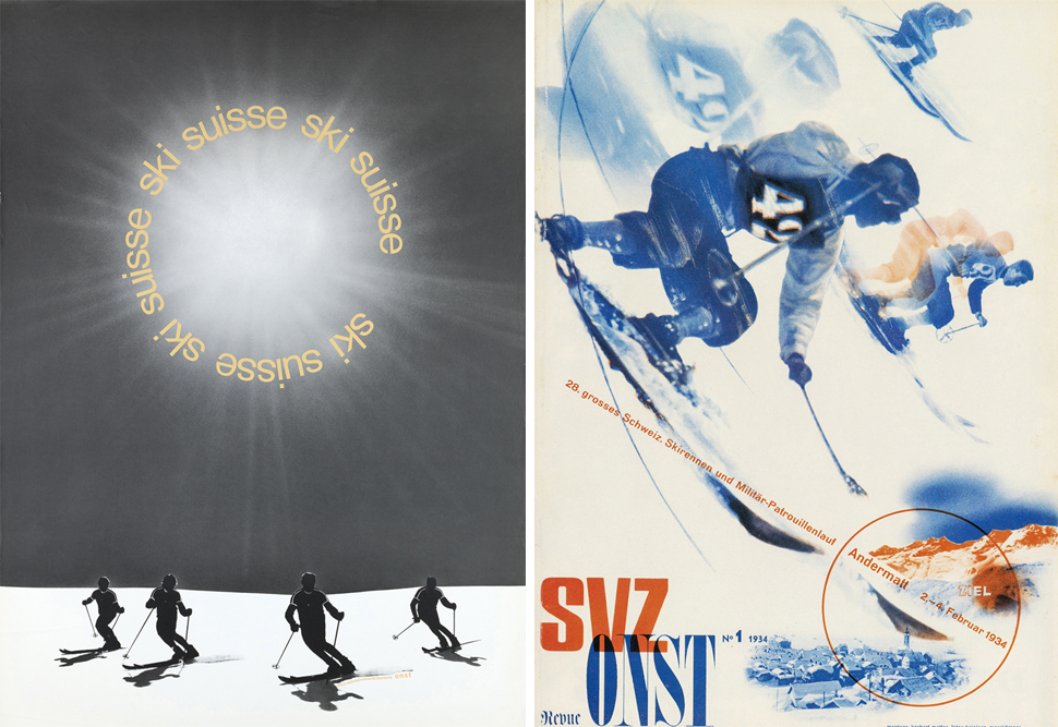 좌.Eugen Bachmann, Ski suisse, poster, 1971, photo: Dieter Zopfi, Museum fuer Gestaltung, Poster Collection, ⓒ by the author 
우.Herbert Matter, Revue SVZ ONST, cover, 1934, photos: Ernst Albrecht Heiniger / Emil Meerkaemper, Museum fuer Gestaltung, Graphics Collection, ⓒ Fotostiftung Schweiz, Win-terthur 