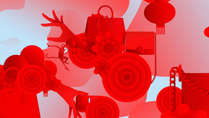 붉은 원숭이와 붉은 배경으로 장식된 프라다 홈페이지 이미지