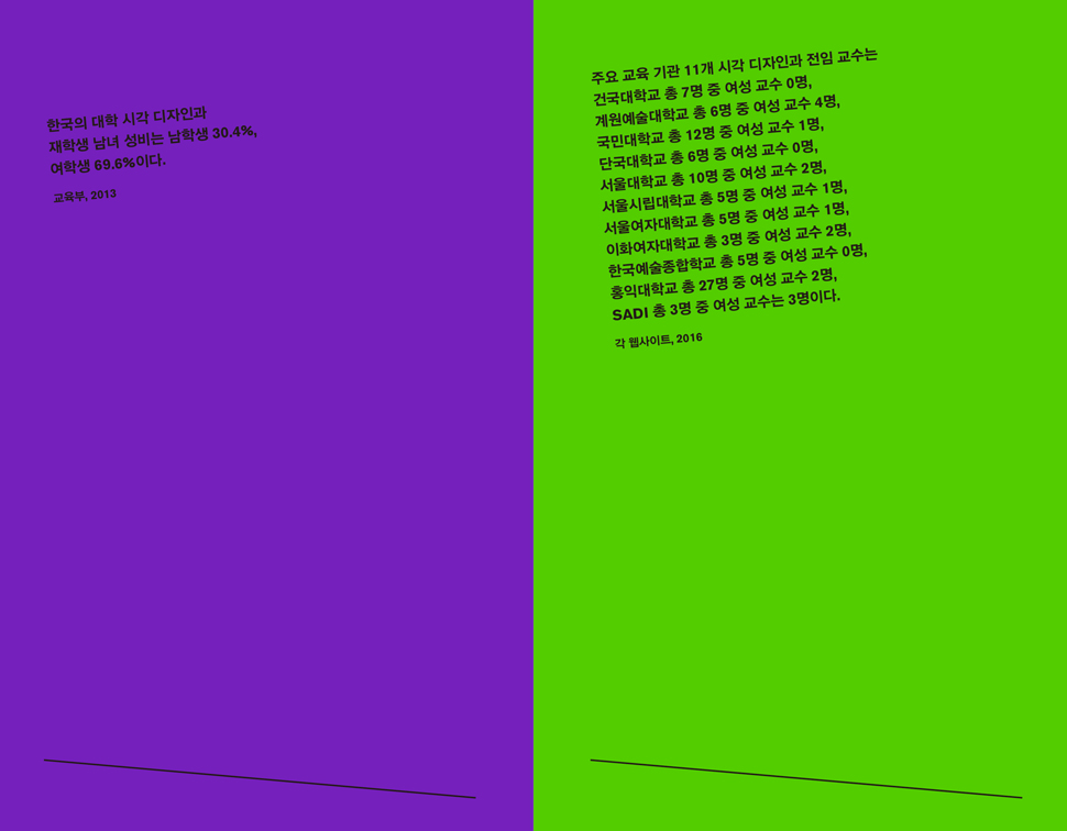 책 〈한국, 여성, 그래픽 디자이너 11〉 내지. 전국 디자인 전공 학생의 성비와 교수진 여성 비율을 수치로 보니 문제점이 바로 와닿는다. (사진 제공: 6699 프레스)