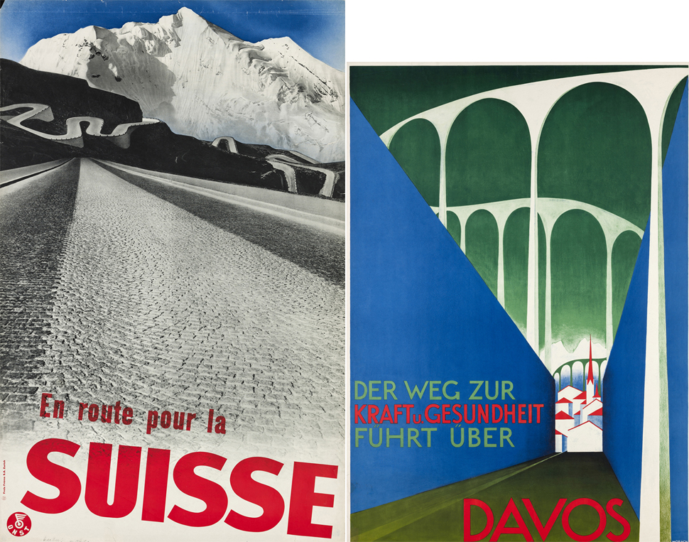 좌. Herbert Matter, En route pour la Suisse, poster, 1935, Museum fuer Gestaltung, Poster Coll-ection, ⓒ Fotostiftung Schweiz, Winterthur 
우. Otto Morach, Der Weg zur Kraft und Gesundheit fuehrt ueber Davos, poster, ca. 1926, Museum fuer Gestaltung, Poster Collection, ⓒ Kunstmuseum Olten 