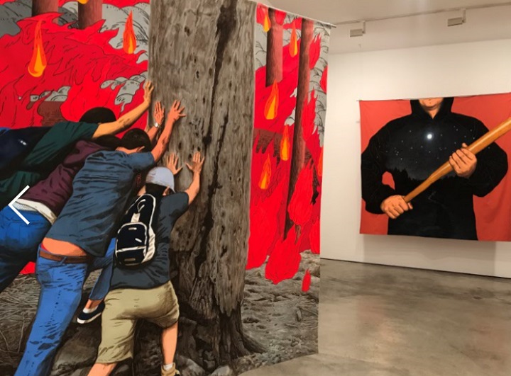 이 나무를 쓰러뜨리면 - 빠지지지직 직 쾅쾅 , 2017, 천 위에 아크릴릭 과슈, 수성 페인트, 젯소, 210x210cm Acrylic on canvas, 182x291cm 