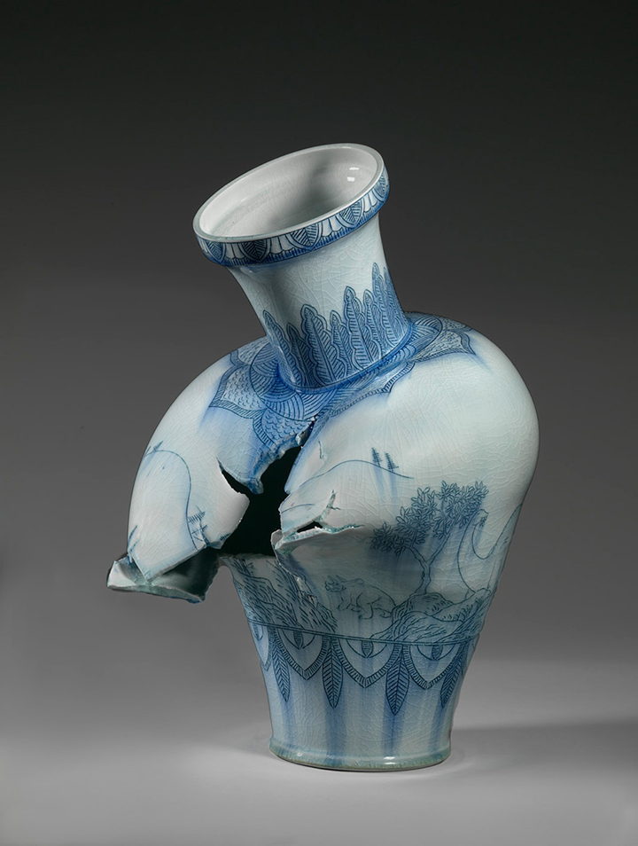 Steven Young Lee, Vase with Landscape and Dinosaurs, 2014, porcelain with pigment and glaze