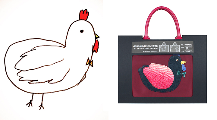닭 그림을 모티브로 디자인된 가방. 업사이클링 라인으로 가방에 사용된 닭의 가죽에는 자투리 가죽이 활용됐다.  