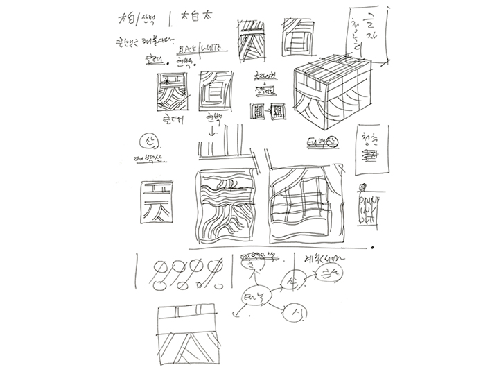 포스터를 만들기 전에 항상 A4 용지에 낙서한다. 태백(太白)에서 열리는 전시의 포스터 디자인을 위해, 태와 백을 구분해 2장의 포스터를 떠올리며 여러 각도로 낙서한다. 공간 지각 능력이 떨어지는 사람에게는 직접 낙서를 하면서 여러 각도의 모양을 그려 보는 게 도움이 된다. 