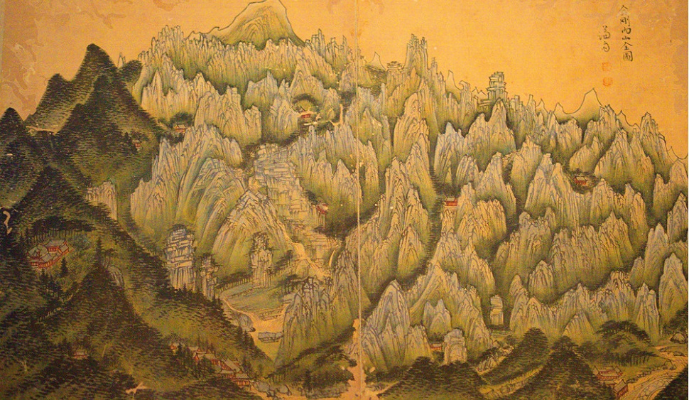 겸재 정선의 <금강산내산도(金剛內山全圖)> 비단에 엷은 색. 33 X 54.3cm. 18세기. 왜관수도원 소장