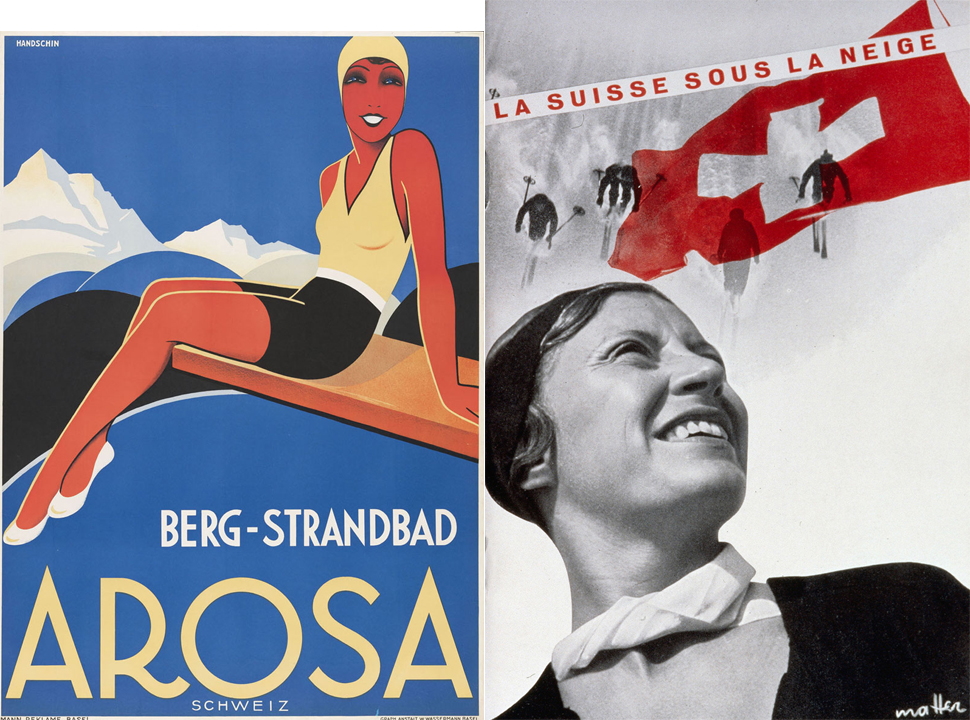 좌. Johannes Handschin, Berg-Strandbad - Arosa – Schweiz, poster, 1933, Museum fuer Gestal-tung, Poster Collection, ⓒ by the author 
우. Herbert Matter, La Suisse sous la neige, travel brochure, 1930 – 1934, Museum fuer Gestaltung, Graphics Collection, 
ⓒ Fotostiftung Schweiz, Winterthur 