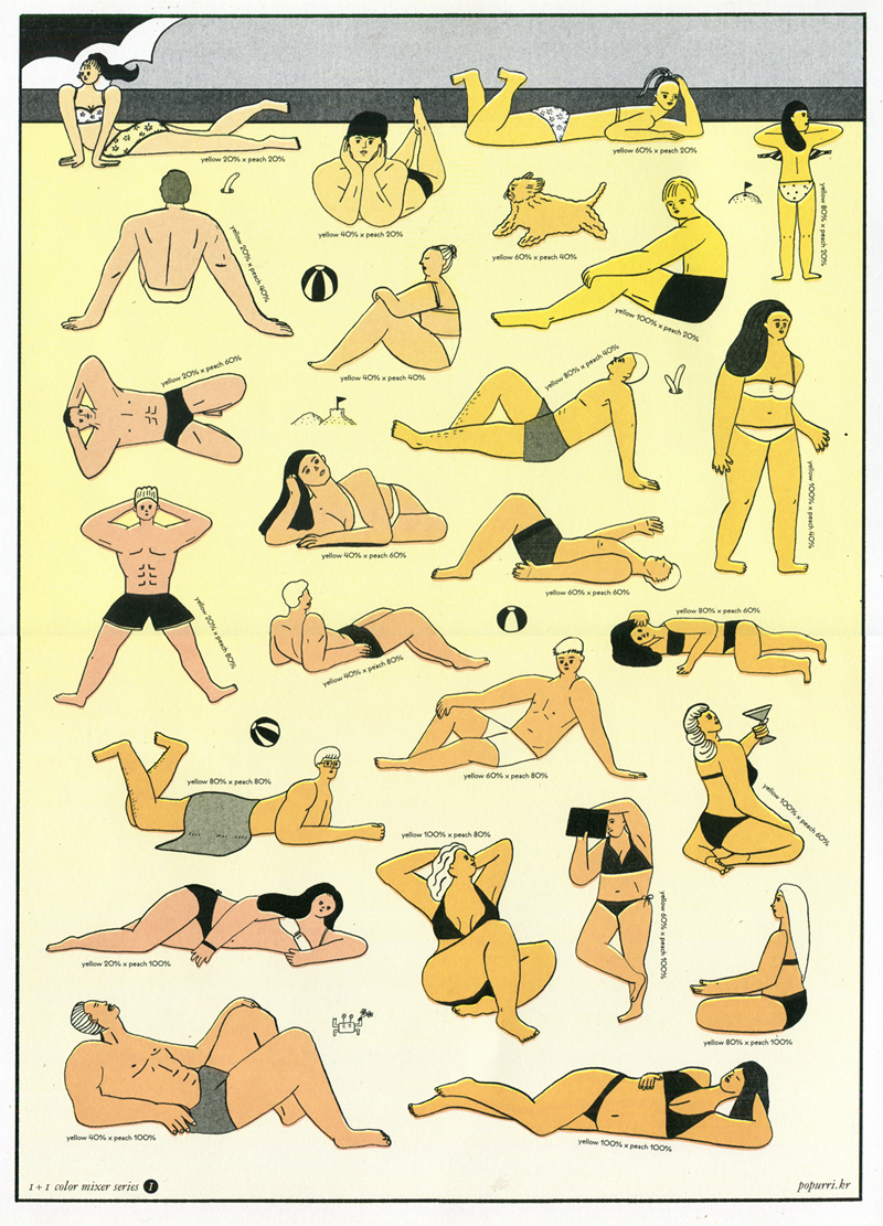 color mixer series 1 - yellow x peach. 해변가의 사람들이 두 가지 잉크의 농도별로 태닝되어 가는 모습을 보여주는 포스터